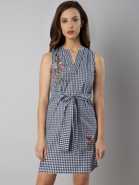 

FabAlley Women Blue Checked A-Line Dress