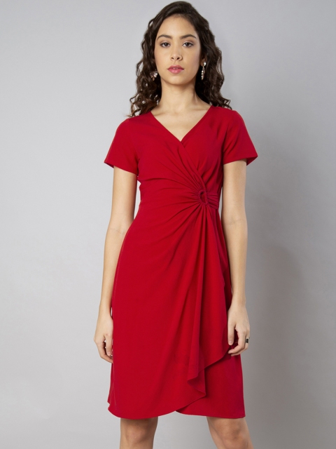 

FabAlley Women Red Solid Wrap Dress