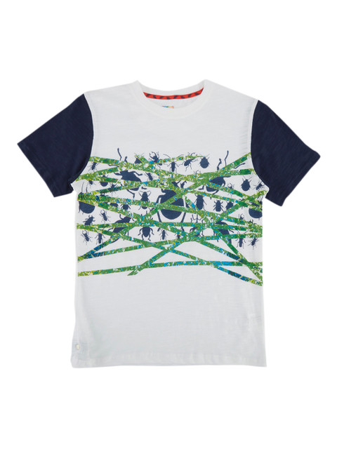 

POPPERS by Pantaloons Boys White Navy Blue Printed Round Neck Pure Cotton T-shirt