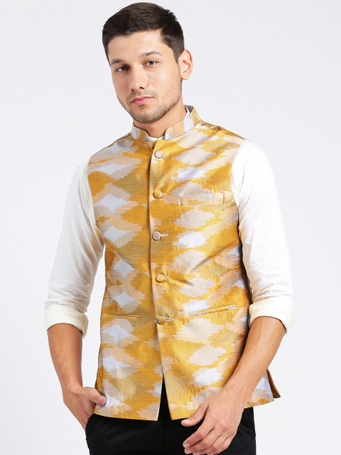 

KISAH Men Mustard & Grey Printed Pure Silk Nehru Jacket