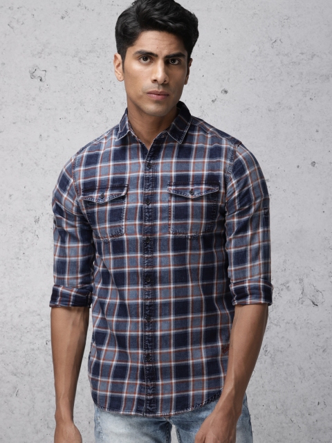 

Ecko Unltd Men Navy Blue & Rust Slim Fit Checked Casual Shirt