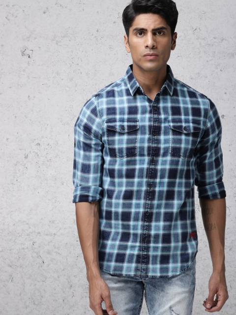 

Ecko Unltd Men Navy Blue & Sea Green Regular Fit Checked Casual Shirt