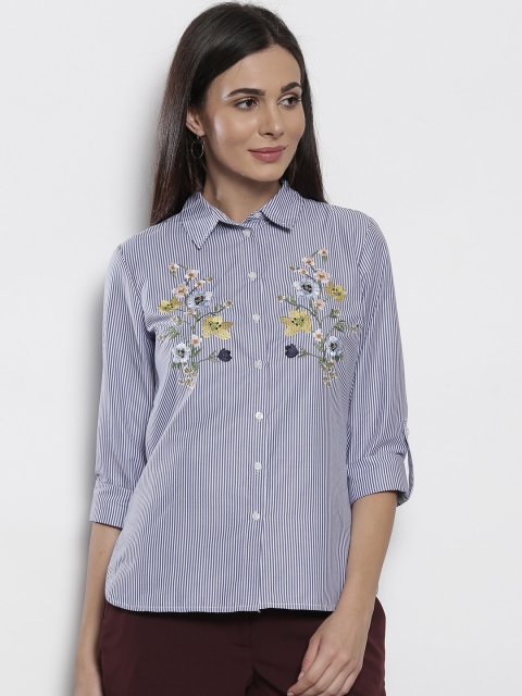 

DOROTHY PERKINS Women Petite Blue & White Striped Casual Shirt with Embroidered Detail
