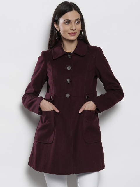 

DOROTHY PERKINS Women Burgundy Solid Single-Breasted Hip-Length Overcoat