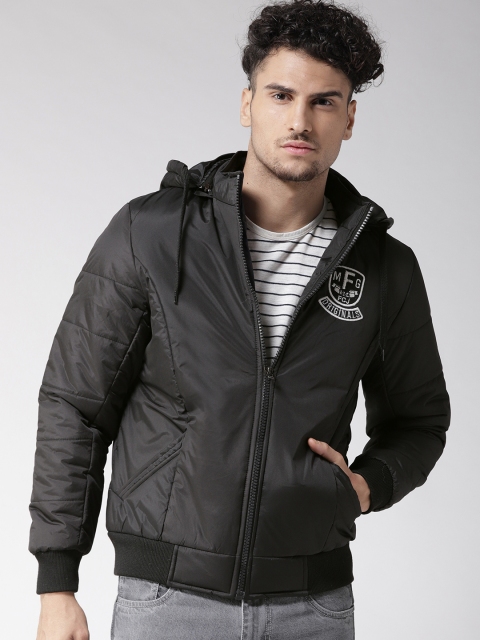 

Fort Collins Men Black Solid Bomber Jacket with Detachable Hood