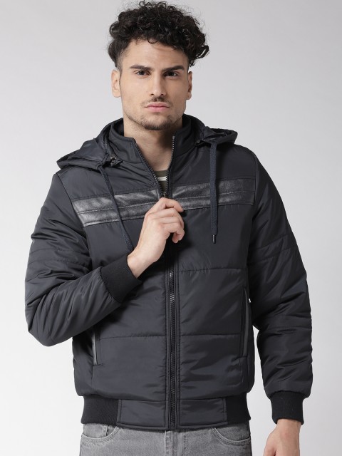 

Fort Collins Men Navy Blue Solid Bomber Jacket with Detachable Hood
