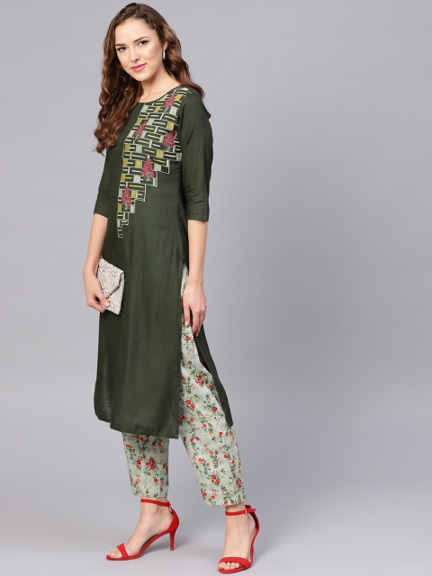 

Yufta Women Olive Green Yoke Design Kurta with Trousers