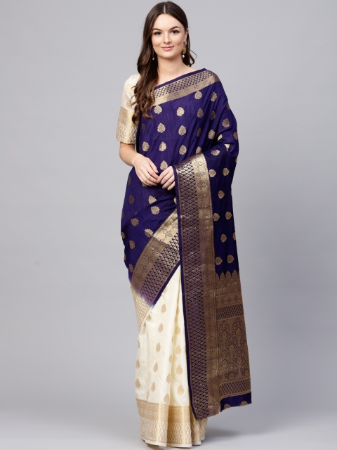 

Saree mall Navy Blue & Cream-Coloured Woven Design Kanjeevaram Saree