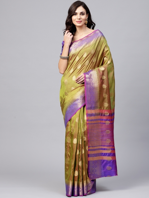 

Saree mall Olive Green & Purple Dual Toned Woven Design Kanjeevaram Saree