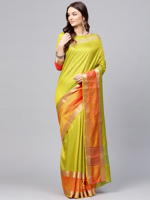 

Saree mall Green & Orange Solid Kanjeevaram Saree