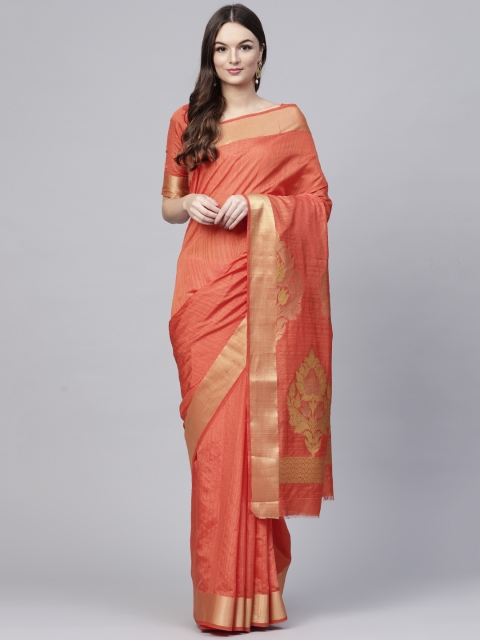 

Saree mall Orange & Golden Solid Kanjeevaram Saree