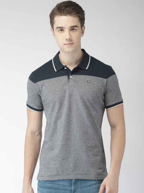 

Arrow Sport Men Grey & Navy Blue Colourblocked Polo Collar T-shirt