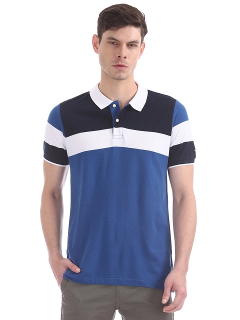 

Arrow Sport Men Blue White Colourblocked Polo Collar Pure Cotton T-shirt
