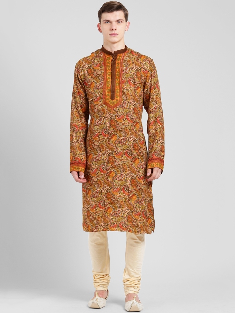 

KISAH Men Brown & Mustard Self Design Kurta with Churidar