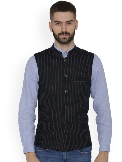 

NEUDIS Men Black Striped Nehru Jacket