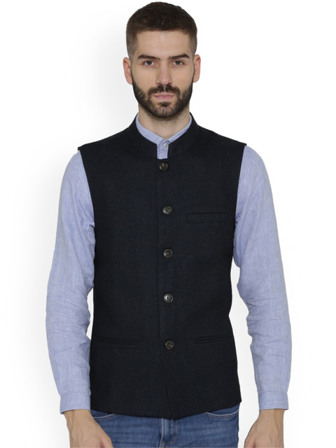 

NEUDIS Men Grey Navy Blue Woven Design Nehru Jacket