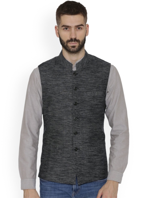 

NEUDIS Men Black Woven Design Pure Cotton Nehru Jacket