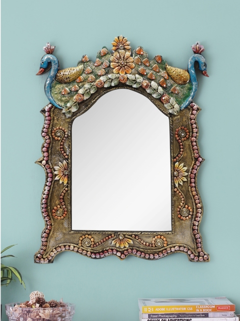 

999Store Multicoloured Handcrafted Wooden Wall Mirror, Multi
