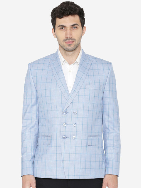 

Wintage Men Blue Checked Tailored Fit Double-Breasted Casual Blazer
