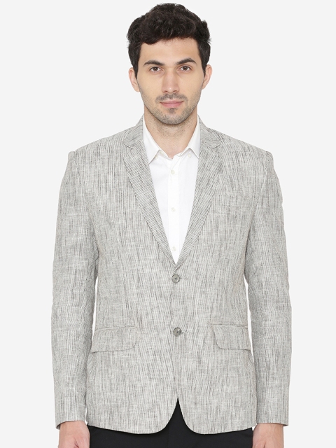 

Wintage Men Grey & White Self-Design Tailored Fit Single-Breasted Linen Casual Blazer