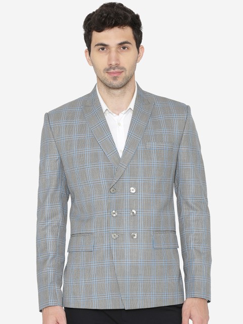 

Wintage Men Blue & Grey Checked Tailored Fit Double-Breasted Casual Blazer