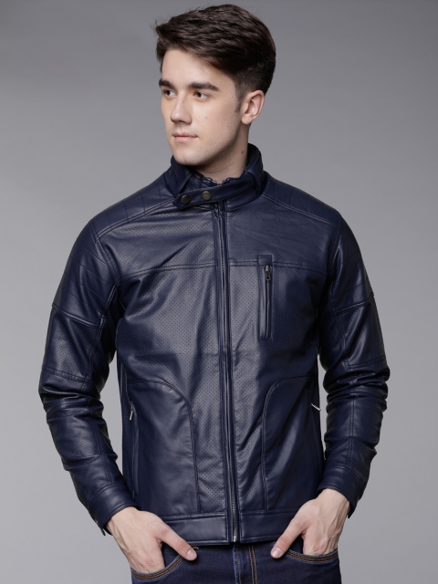 

LOCOMOTIVE Men Navy Blue Solid Biker Jacket