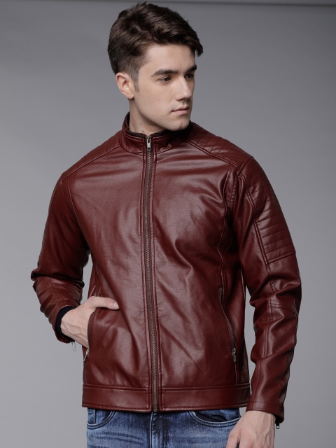 

LOCOMOTIVE Men Maroon Solid Biker Jacket