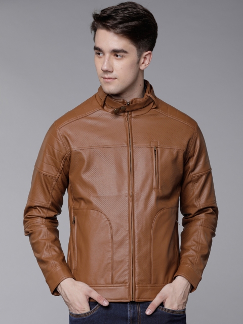 

LOCOMOTIVE Men Brown Solid Biker Jacket
