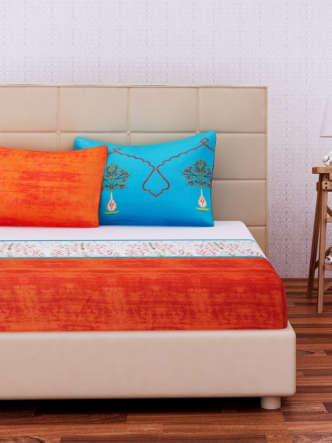

SEJ by Nisha Gupta Orange & Green Abstract Flat 210 TC Cotton 1 King Bedsheet with 2 Pillow Covers