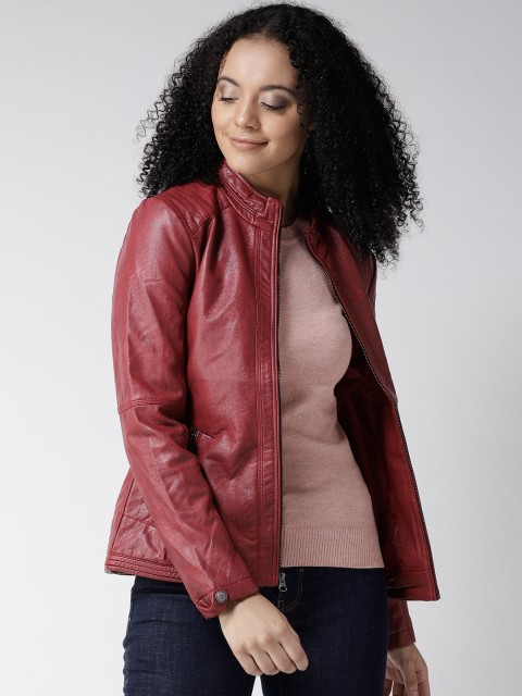 

Fort Collins Women Maroon Solid Biker Jacket