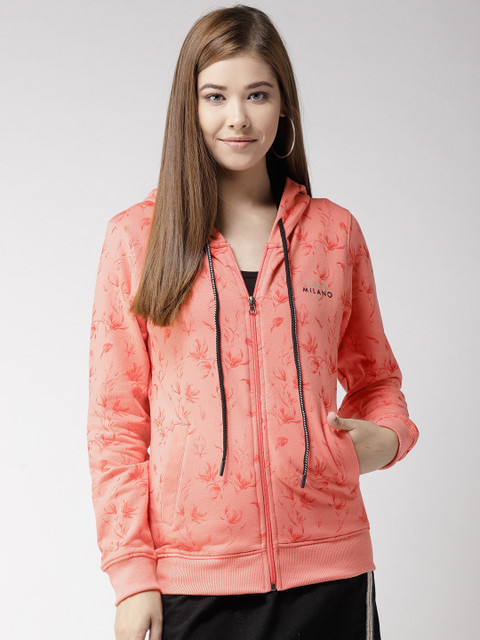 

Fort Collins Women Coral Pink Printed Hooded Sweatshirt