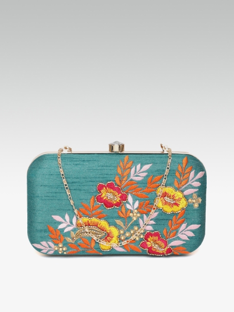 

ZAREGARE Teal Green & Gold-Toned Embroidered Box Clutch with Embellished Detail