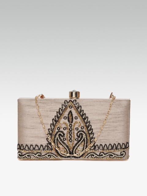 

ZAREGARE Taupe & Black Embellished Box Clutch