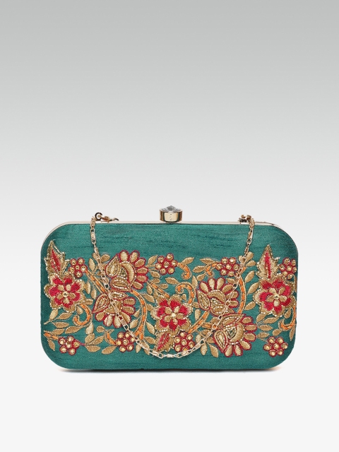 

ZAREGARE Teal Green & Gold-Toned Embroidered Box Clutch with Embellished Detail