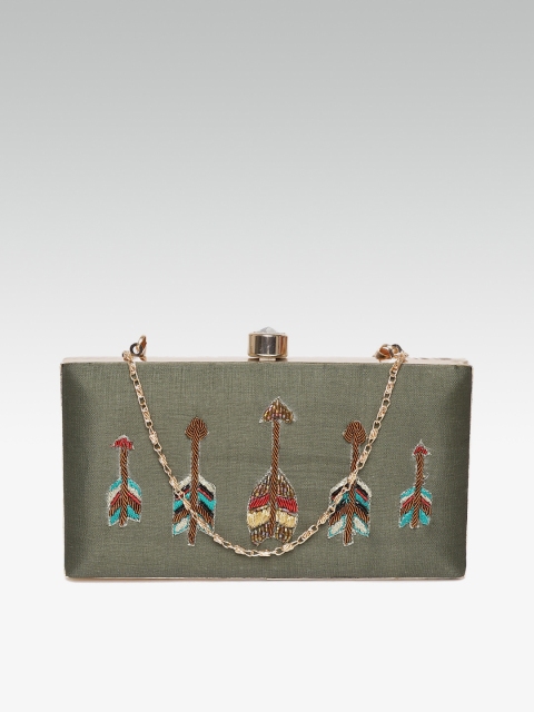 

ZAREGARE Olive Green Embellished Box Clutch