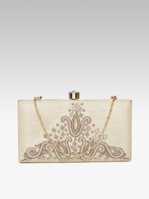

ZAREGARE Beige & Gold-Toned Embellished Box Clutch