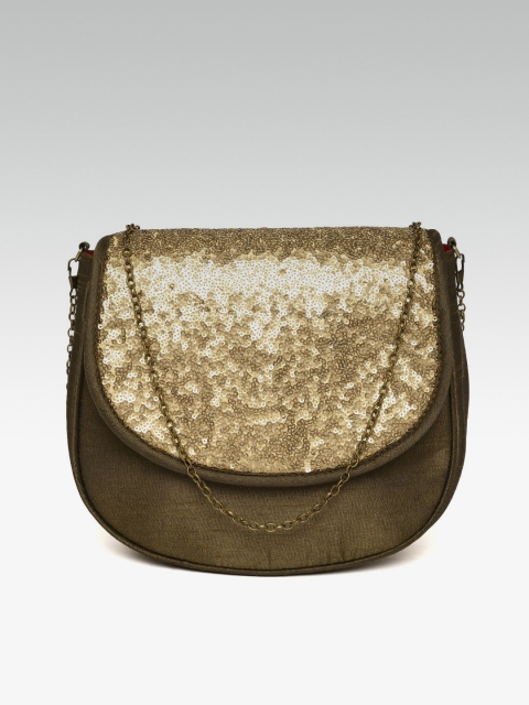 

ZAREGARE Olive Green & Gold-Toned Sequinned Sling Bag