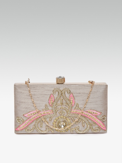 

ZAREGARE Taupe Embellished Clutch with Sling Strap