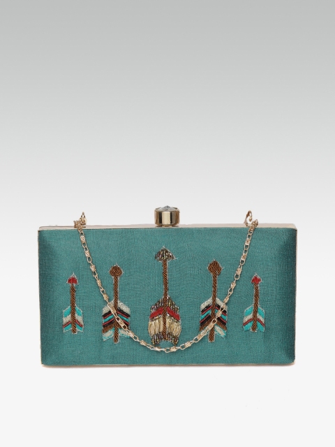 

ZAREGARE Teal Green Embroidered Box Clutch with Embellished Detail