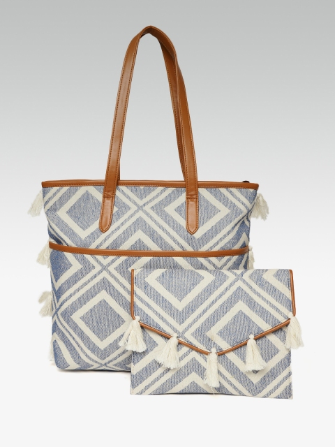 

ZAREGARE Blue & White Self-Design Shoulder Bag With Envelope Clutch