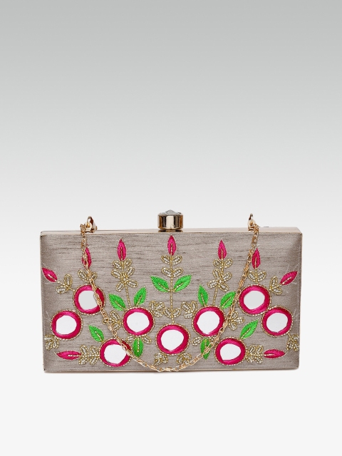 

ZAREGARE Taupe & Pink Embroidered Box Clutch With Mirror Work & Embellished Detail