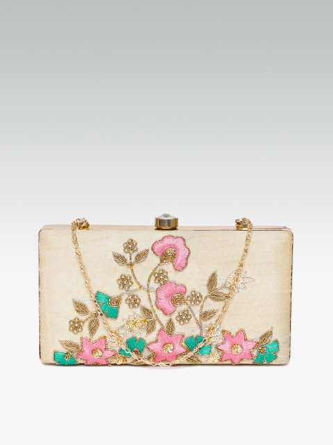 

ZAREGARE Beige & Pink Embellished & Embroidered Box Clutch