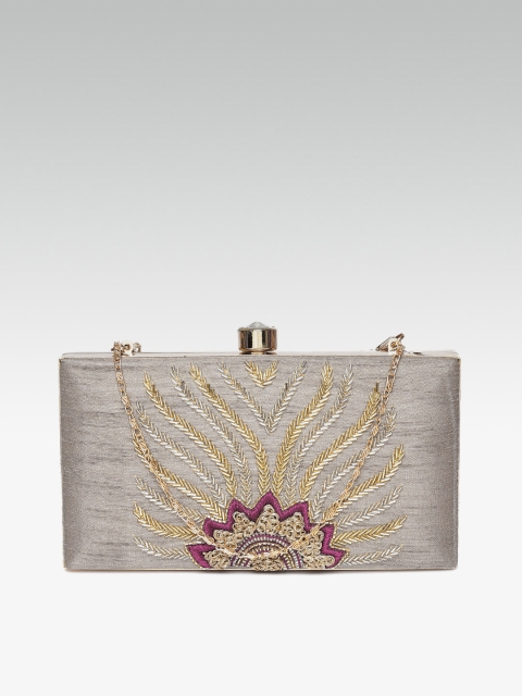 

ZAREGARE Taupe & Gold-Toned Embellished Box Clutch With Embroidered Detail