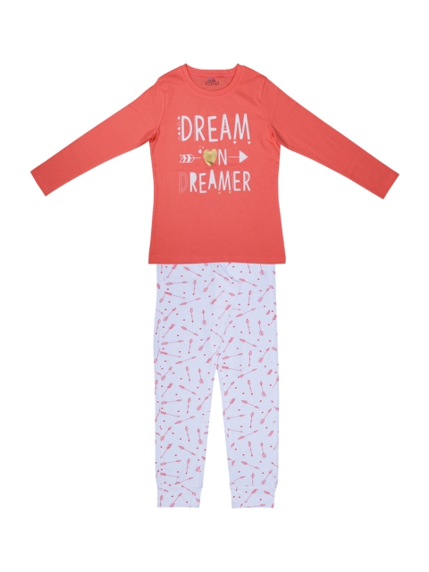 

ventra Girls Peach-Coloured & White Printed Night suit