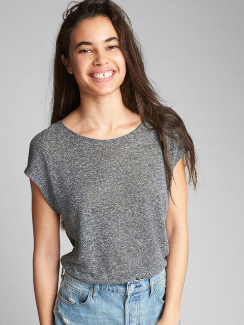 

GAP Women Grey Solid Short Sleeve Braided-Back Top in Linen