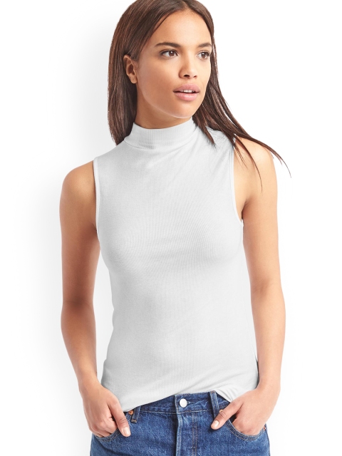 

GAP Women White Solid Ribbed Mock Neck Top