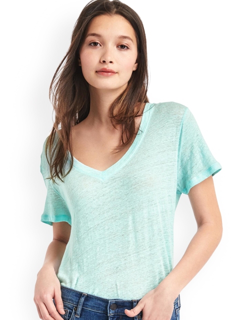 

GAP Women Blue Linen V-Neck Top
