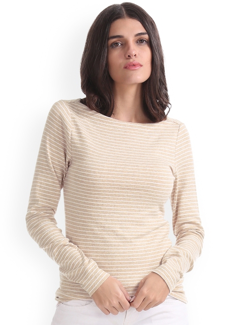 

GAP Women Beige & White Long Sleeve Modal Stripe Boat Neck Top