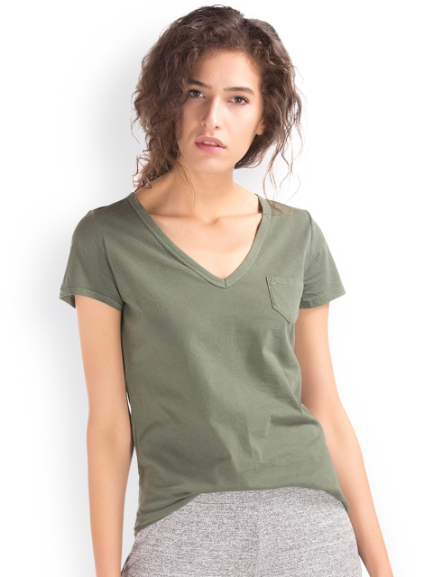 

GAP Women Green Vintage Wash Sueded V-Neck Top