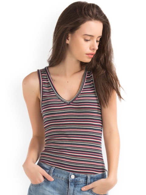 

GAP Women Multicoloured Ribbed V-Neck Stripe Top, Multi